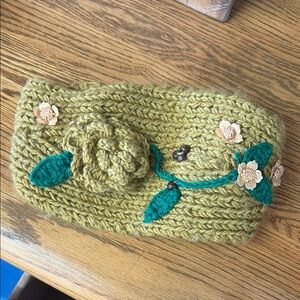 Handmade Green Knit Headband with Floral Embroidery